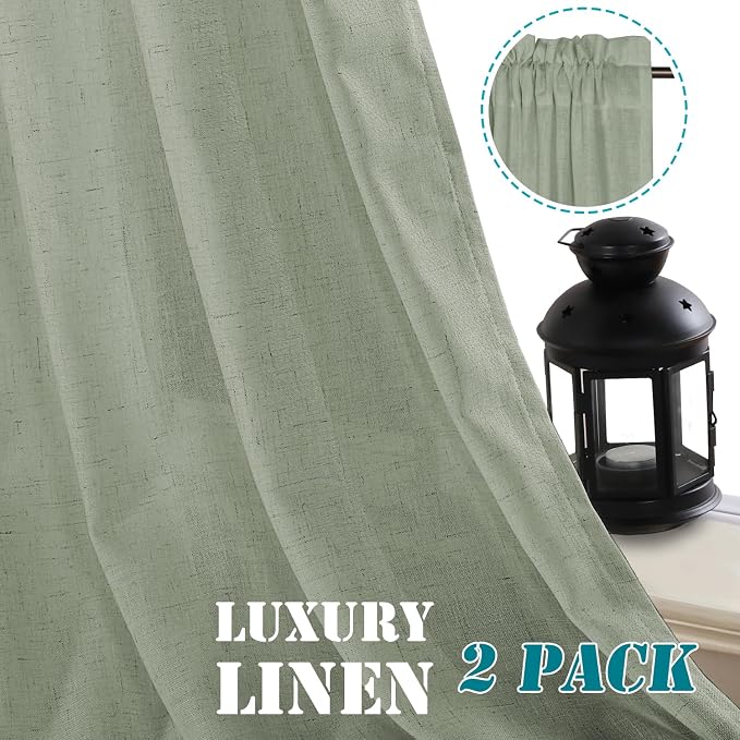H.VERSAILTEX Linen Curtains Elegant Natural Linen Semi Sheer Curtains Energy Light Filtering Rod Pocket Window Treatments Panels for Living Room (Set of 2, Sea Grass, 52 inch W X 96 inch L)