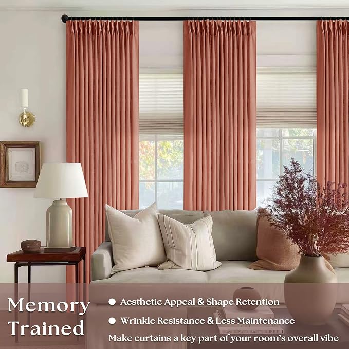 Firebrick Pleated Linen Curtains 96 Inches Long for Living Room 2 Panel Set Semi Sheer Light Filtering Pinch Pleat with Rings Hooks Drapes Farmhouse Rustic Terracotta Red Clay Curtain Bedroom Window