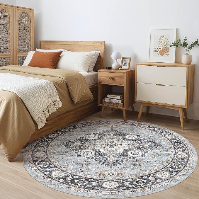 Round Rug Living Room Rugs: 8x8 Washable Boho Neutral Large Circle Soft Indoor Distressed Stain Resistant Floor Farmhouse Carpet for Bedroom Nursery Kids Playroom Office Dining Room Dorm- Blue Tan