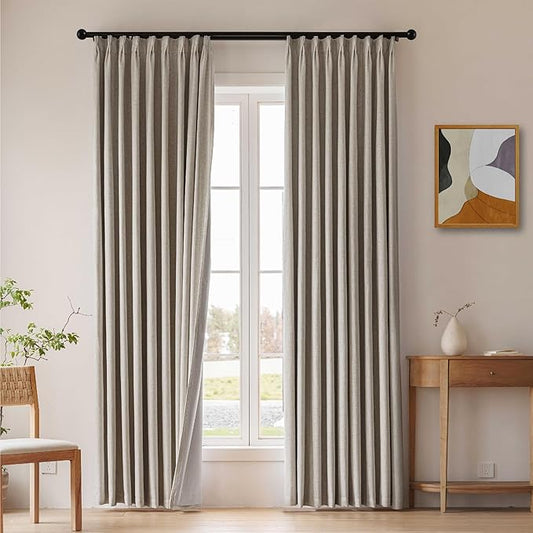 100% Blackout Pinch Pleated Curtains - 40"W x 95"L, 2 Panels |Back Tab Sand Pinch Pleat Linen Drapes, Thermal Insulated & Noise Reducing, With Adjustable Hook and Rings for Living Room/Bedroom