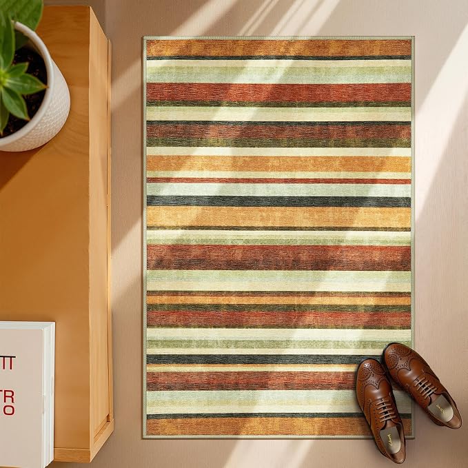 jinchan 2x3 Striped Rug for Entryway Washable Kitchen Rug Small Mat Non Slip Indoor Doormat Lightweight Low-Profile Decor Throw Carpet for Entrance Bathroom Laundry Room, Caramel Dusk