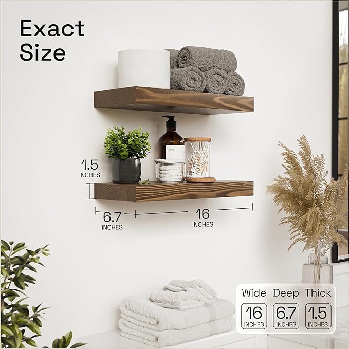 Solid Wood Floating Shelves for Wall 16 Inch Walnut, Wooden Bathroom Shelf | Real Wood, Wall Mounted, Rustic Farmhouse, Bedroom Kitchen Living Room, Walnut Finish, 16W x 6,7D, Set of 2