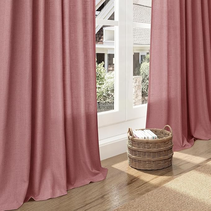 Canyon Rose Linen Curtains for Living Room 100 Inches Long Light Filtering Semi Sheer Curtain Back Tab Modern Farmhouse Decor Elegant Luxury Boho Girl Drapes for Bedroom Dinner Room 52x100, 2 Panels