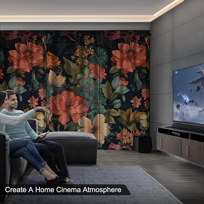 Boho Floral Blackout Curtains for Bedroom and Living Room, Grommet Thermal Insulated Black Out Window Drapes with Curtain Tiebacks, Soundproof Privacy Patterned Curtains 84 Inch Long 2 Panels Set