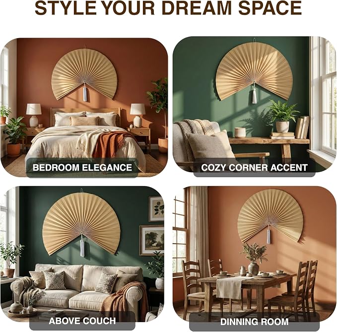 SUCHUBU Bamboo Wall Fan, 40" Handwoven Bamboo Wall Decor, Japanese Wall Hanging Fan for Bedroom, Fireplace, Natural Asian Wall Art for Boho & Farmhouse with Hook Strap Included (Beige, Medium)