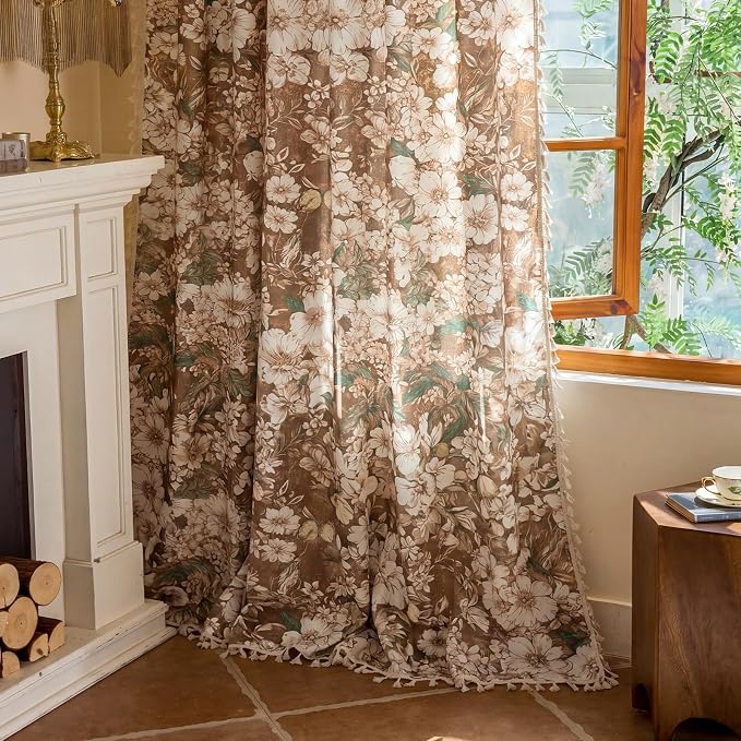 OYX Boho Floral Curtains 63 Inch, Linen Farmhouse Flower Drapes with Lace & Tassels, Light Filtering Semi Sheer Curtains for Living Room Bedroom, 2 Panels