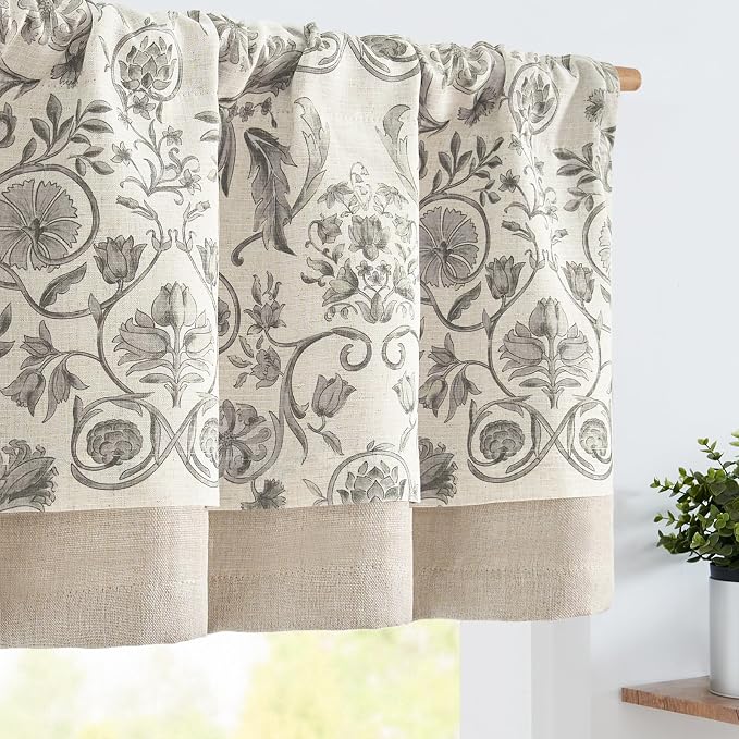 jinchan Linen Valance Kitchen Curtain for Windows Double Layer 18 Inch for Living Room Bedroom Window Treatment Light Filtering Vintage Rustic Farmhouse Cottagecore Rod Pocket 1 Panel Grey on Beige