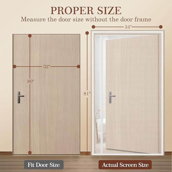 Yotache White Reversible Side Opening Magnetic Screen Door Fits Door Size 32 x 80, Unobstructed View Upgraded Polyester Mesh for Back Door, Actual Screen Size 34" x 81"