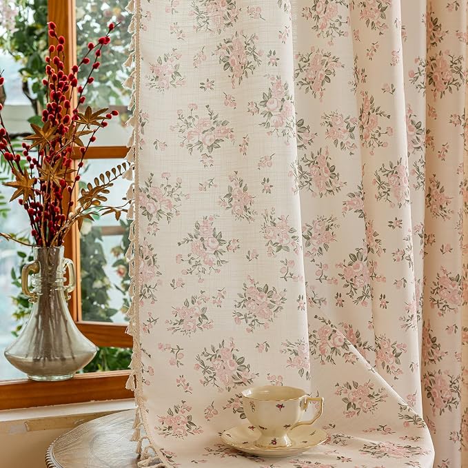 OYX Pink Floral Curtains for Girls Room 2 Panels, Linen Curtains 84 Inch Length with Flower Pattern Light Filtering Window Privacy Curtains for Living Room Boho Farmhouse Vintage, Each 52 Inch Wide