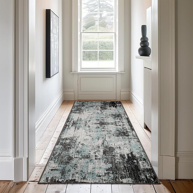 RELEANY Washable Area Rugs 2'x8' Non-Slip Modern Abstract Soft for Living Room Entryway Bedroom Kitchen, Print Pattern, Blue Black Teal