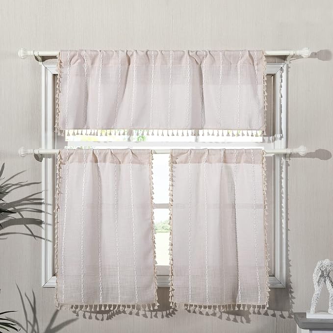 RoomTalks Boho Kitchen Curtains 36 Inch Length French Striped Farmhouse Vintage Chic Textured Tassel Short Cafe Curtains for Small Window Kitchen Bathroom Bohemian Decor (36’’L x 24’’W, Beige)