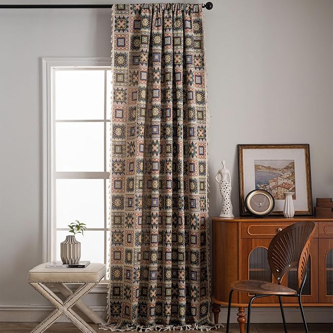 ENJOYBRIDAL Patchwork 63 Inch Curtains 2 Panel Set Semi Sheer Bedroom Drapes Rod Pocket Short Jacquard Bohemian Window Curtain Panels Farmhouse Light Filtering Beige Boho Living Room Window Treatments