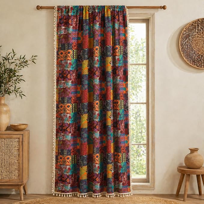 VOGOL Boho Vintage Geometric Curtains, Multi Red Jigsaw Art Print for Bedroom Small Windows, Boutique Textured Fabric with Cream Tassels, W59xL63, 1 Panel