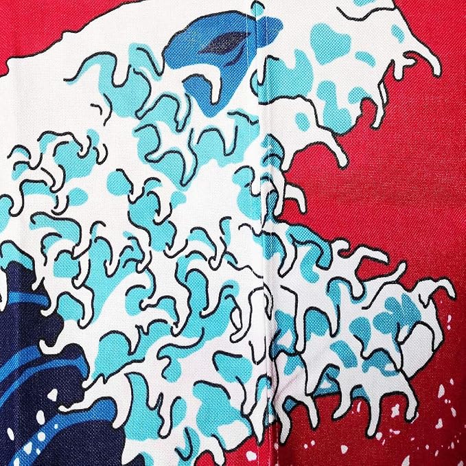 Ofat Home Great Wave Monster Noren Curtain 33.5" x 59" Japanese Style | Red ukiyo-e ocean wave with monster design, Japanese art fabric hanging curtain for doorway or home decor