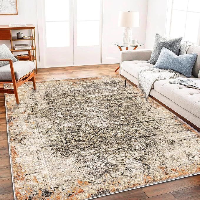 CHAMPLANT Area Rug 8'x10' Washable Vintage Traditional Mat Distressed Indoor Foldable Thin Retro Accent Floral Print Non Slip Carpet for Living Room Dining Room Office Large Carpet