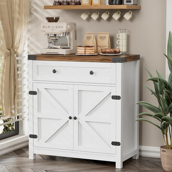 YESHOMY Coffee Bar and Accent Cabinet, Farmhouse Barn Door Buffet Sideboard with Drawer and Adjustable Shelf, Wide Desktop for Kitchen, Dining Room, Bathroom, Entryway, Brown & Rustic White