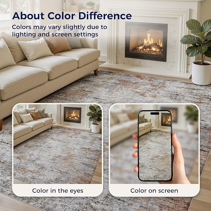 DMOYEST Area Rug Living Room Rugs - 10x14 Large Soft Indoor Neutral Modern Abstract Low Pile Washable Rug Carpet for Bedroom Dining Room Farmhouse Home Office - Grey Rust