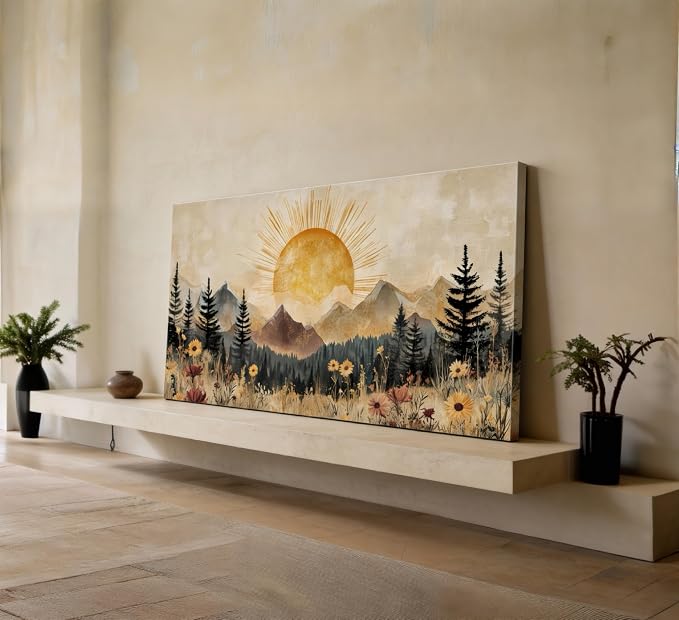ZAWUDVC Large Boho Mountain Sun Wall Art, Vintage Nature Landscape Canvas Print Poster, Wildflower Forest Sunrise and Sunset Wall Decor for Living Room Bedroom, Rustic Home Decoration,