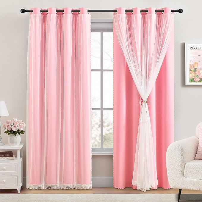 XiDi 100% Blackout Pink Girls Curtains for Bedroom 63 Inches Long 2 Panels Nursery Curtains with Sheer Overlay Kids Princess Room Decor Soundproof Light Blokc Grommet Window Drapes Pink 52W x 63L