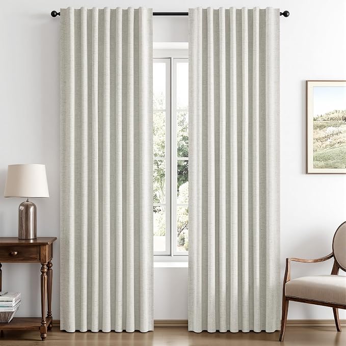 MIULEE 100% Blackout Linen Curtains for Bedroom, Light Beige Solid Luxury Decor Thermal Insulation Room Darkening Drapes for Living Room Back Tab Rod Pocket 42 x 63 Inches, 2 Panels