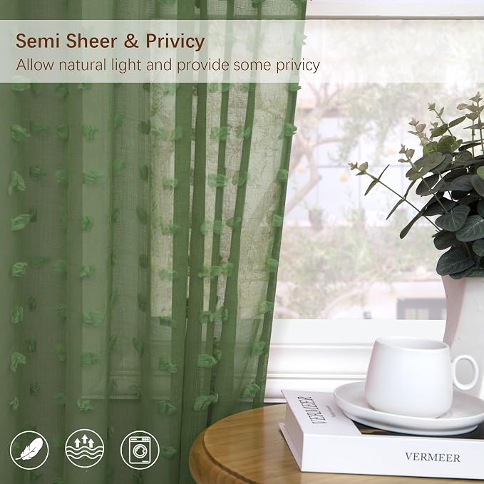 Olive Green Sheer Curtains 84 Inch Length for Bedroom Living Dining Room Country Farmhouse Pom Pom Design Window Treatments Drapes Boho Decor Christmas Green Voile Sheer Curtains 2 Panels Set Back Tab