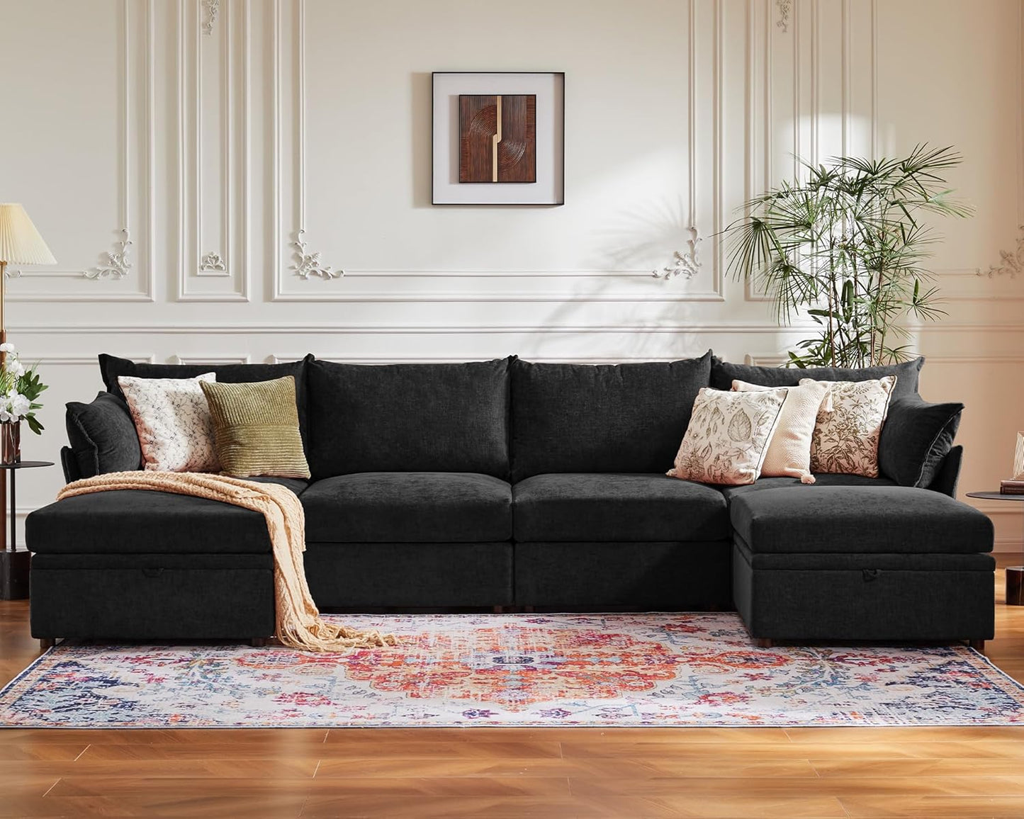 134.6" Oversized Modular Sectional Sofa, 6 Seater U Shaped Couch with Storage Ottoman with Reversible Chaise Deep Seat for Living Room, Apartment - Chenille Black