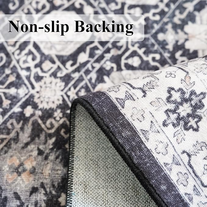 3x12 Washable Hallway Runner Rug: Oriental Long Ultra Soft Runners for Kitchen Entryway Thin Non Slip Bathroom Nursery Floor Mat Water Resistant Low Pile Carpet for Living Room Bedroom (Black,3x12)