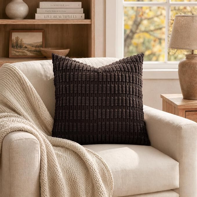 MIULEE Pack of 2 Corduroy Decorative Throw Pillow Covers 20x20 Inch Soft Boho Striped Pillow Covers Modern Farmhouse Home Decor for Sofa Living Room Couch Bed Dark Brown