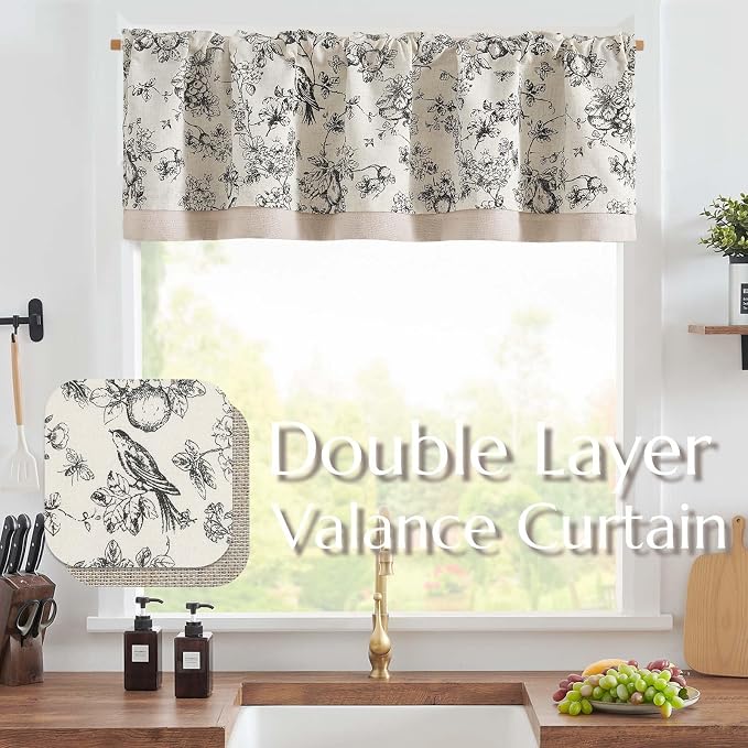 jinchan Linen Valance Curtain for 16 Inch Rustic Farmhouse Country Windows for Living Room Bedroom Bathroom Room Darkening Rod Pocket 1 Panel Black on White