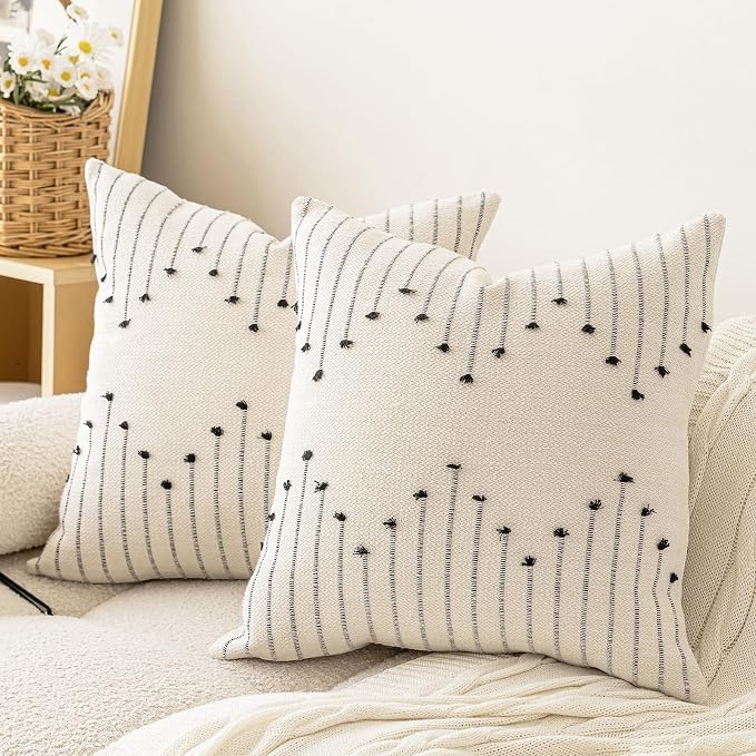 LILEPOY Boho Throw Pillow Covers 18x18 Set of 2 Neutral Decorative Textured Cushion Case Farmhouse Pillowcase Modern Square Pillow Covers for Sofa,Couch, Living Room,Beige and Black