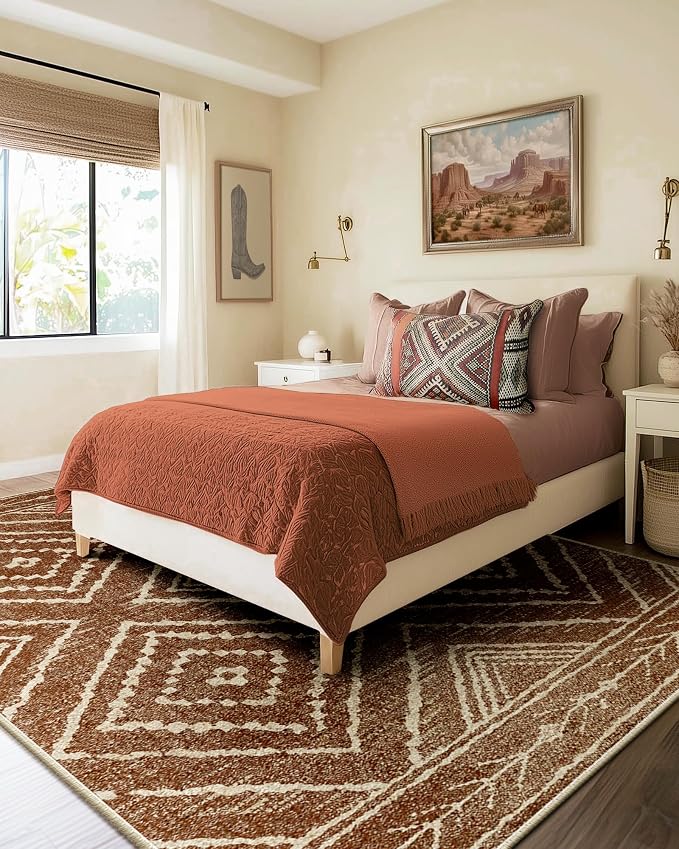 BESTSWEETIE Area Rug 6x8 Rug Machine Washable Non-Slip Low Pile Print Pattern Western Rug for Living Room Bedroom Entryway Tribal Series-Yellowbrown/Cream