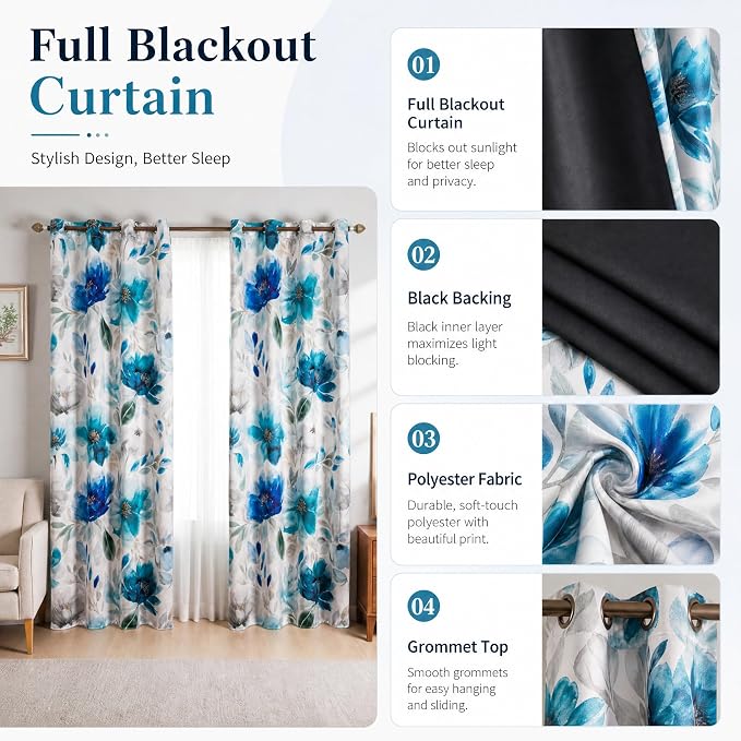 Floral 100% Blackout Curtains 84 Inches Long 2 Panels for Bedroom Vintage Blue Watercolour Patterned Room Darkening Curtain Thermal Insulated Black Out Window Drapes for Living Room, 52x84 inch