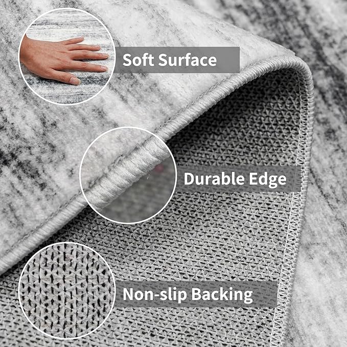 5x7 Area Rug for Living Room: Non-Slip Washable Rugs for Dining Room Bedroom Study Home Office - Easy-to-Clean Stain and Water Resistant Carpet - Soft Low-Pile Mat Grey