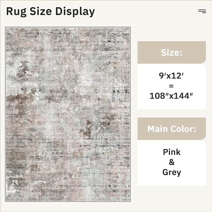 Soalmost 9x12 Area Rugs for Living Room, Non Slip Machine Washable Vintage Rugs, Low Pile Lightweight Large Rug for Bedroom, Dining Room, Home Office Grey Pink