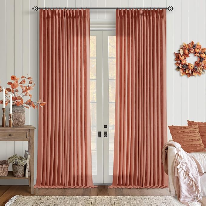 Red Clay Linen Pinch Pleated Curtains 108 Inches Long 2 Panels for Living Room Bedroom Light Filtering Drapes 108 Inch Length Terracotta Autumn Fall Semi Sheer Memory Trained Ceiling Floor Curtain
