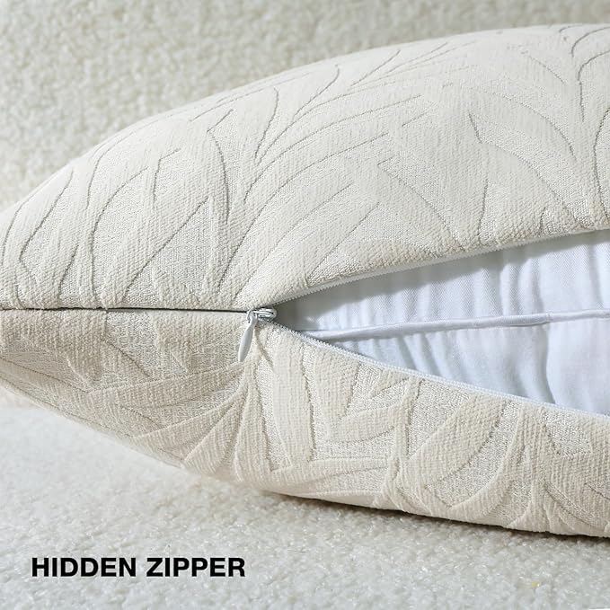 FUTEI Cream Decorative Throw Pillow Covers 26x26 Inch Set of 2,Soft Chenille Phoenix Tail Leaf Textured Euro Pillow Shams,Modern Home Decor for Couch Bed Living Room