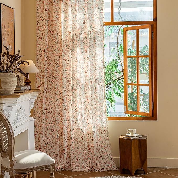 OYX Boho Floral Curtains with Tassels, Light Filtering Linen Curtains, Rod Pocket Farmhouse Flower Print Window Drapes for Bedroom Living Room, 2 Panels, 52’’W X84’’L