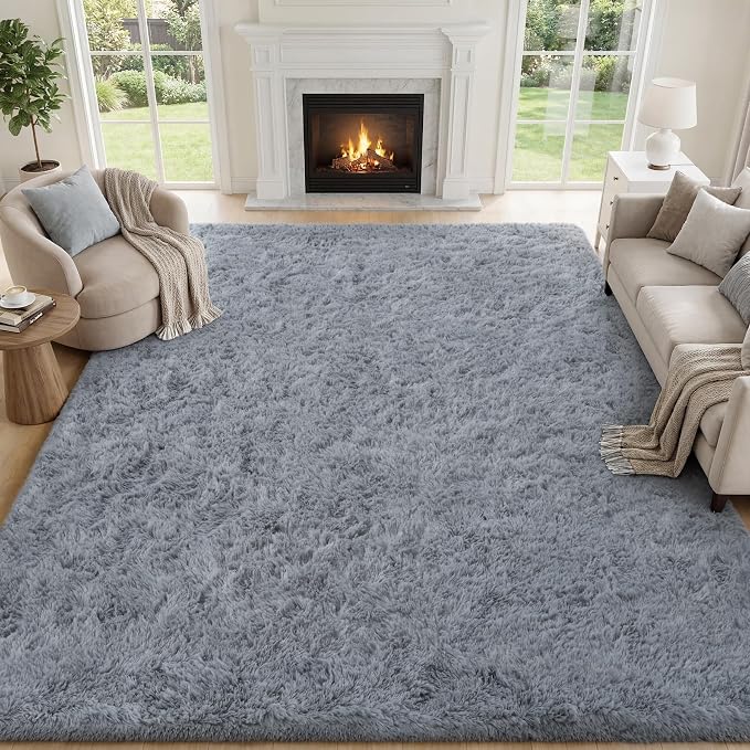 Area Rug for Living Room Bedroom: 9x12 Grey Soft Fluffy Shag Upgrade Non-Slip High Pile Carpet Large Fuzzy Plush Indoor Floor Decor Shaggy Rug for Kid Boys Girls Dorms Playroom Nursery Modern Home