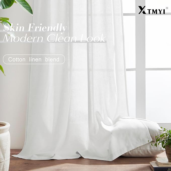 XTMYI White 90 Inch Length Back Tab/Hook Belt Linen Cotton Sheer Curtains for Bedroom 2 Panels,70 Inch Wide