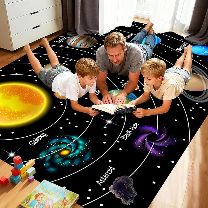 Space Rug for Boys Room - 9x12 Feet Space Rug Solar System Planet Theme Carpet Decor for Playroom Educational Learning for Classroom Deco