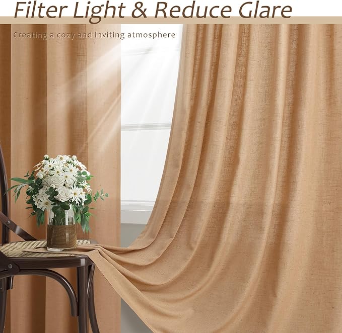 Aersas 102 Inches Camel Linen Curtains for Living Room Bedroom Semi Sheer Privacy Cotton Textured Drapes Light Filtering Sliding Glass Door Curtain Farmhouse Rustic Decorations 52x102