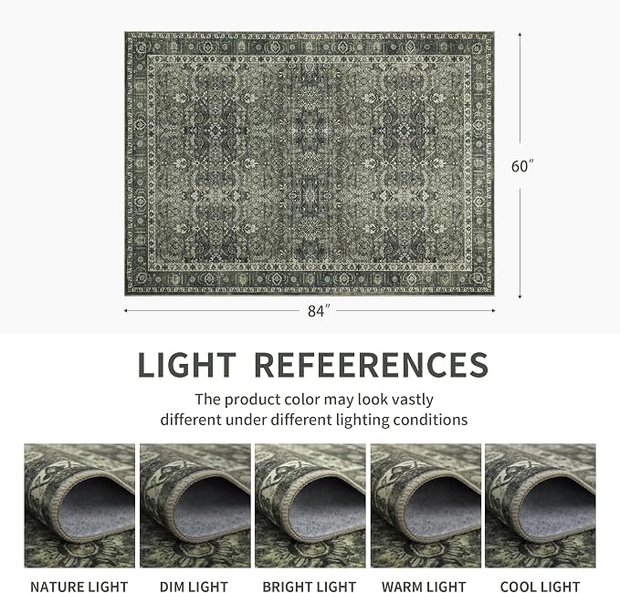5x7 Vintage Washable Area Rug for Living Room,Low Pile Non Slip Carpet Non-Shedding Area Rug Soft Indoor Stain Resistant Rug Floral Print Mat for Bedroom Dining Room Green Floral