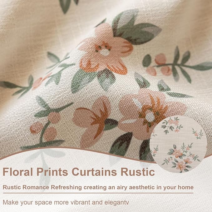 OYX Boho Floral Curtains 63 Inch, Pink Flower Farmhouse Drapes with Tassels, Linen Textured Light Filtering Semi Sheer Curtains for Living Room Bedroom, 2 Panels, Rod Pocket, 52Wx63L