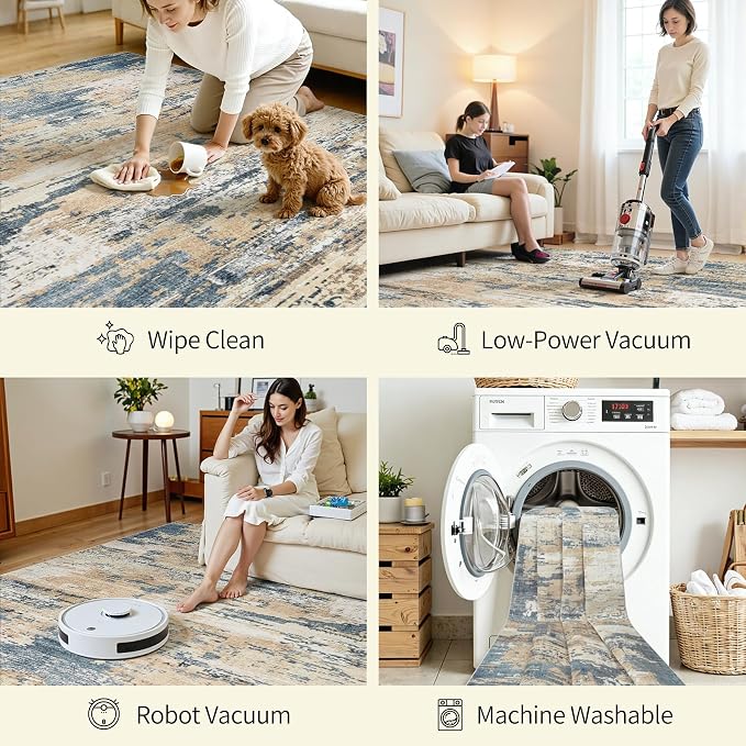 Area Rugs 8x10 Living Room: Large Soft Washable Rug Modern Abstract Anti-Skid Non-Shedding Carpet Indoor Floor Thin Carpets for Bedroom Dining Room Farmhouse Nursery Home Office Brown Blue
