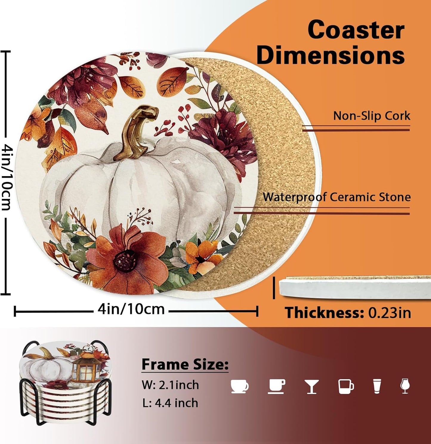 Hello Fall Drink Coasters with Holder Set of 6, Autumn White Pumpkin Floral Absorbent Ceramic Cup Mat for Coffee Table Protection, 4 Inches Vintage Flower Home Kitchen Decor Housewarming Gifts