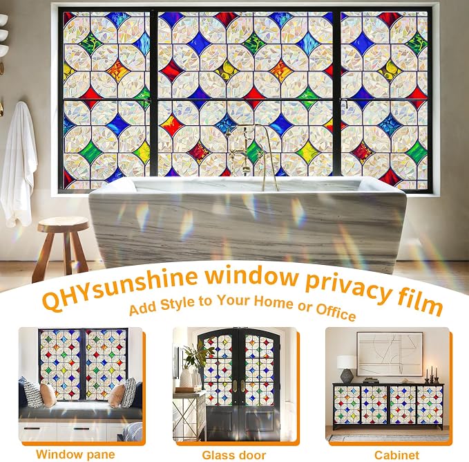 QHY Sunshine Colorful Rainbow Stained Glass Window Film Non-Adhesive Window Privacy Film Reusable Decorative for Room (Rainbow Mosaic, 17.5 X 78.7 in)