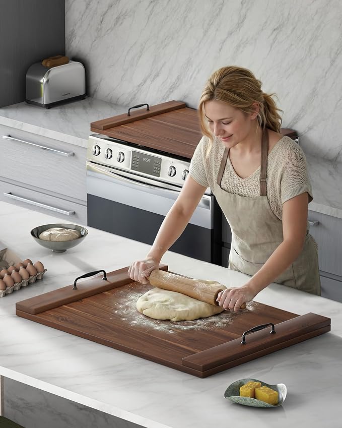 BLUEWEST Noodle Board Stove Cover, Acacia Wood Stove Top Covers Board for Gas Burners and Electric Stove, Extra Thick Wooden RV Stovetop Cover/Sink Cover - Tray for Kitchen Counter Space