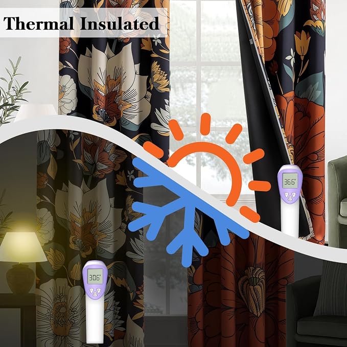 Tyrot Black Boho Floral 100% Blackout Curtains for Bedroom 96 inch Long 2 Panels Mid Century Botanical Black Out Curtains for Living Room Grommet Thermal Insulated Room Darkening Window Drapes,52Wx96L