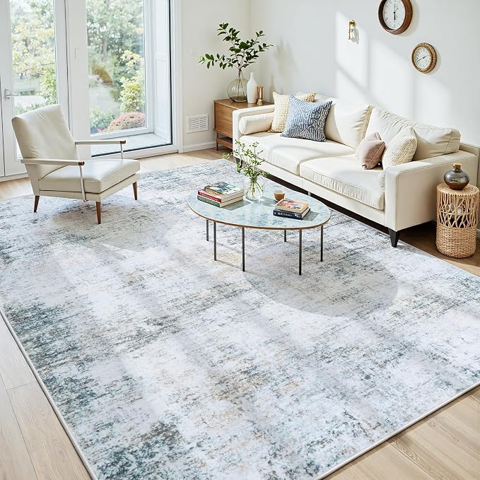 10x14 Area Rugs Washable Rug: Anti-Skid Abstract Modern Living Room Rug Soft Thin Carpets Indoor Floor Non-Shedding Carpet for Bedroom Dining Nursery Home Office (Blue/Grey/Gold/White,10'x14')