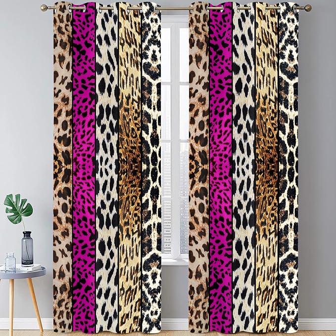 Wild Animal Print Curtain, Room Darkening Thermal Insulated Blackout Leopard Boa Window Drapes with Grommets for Living, Dining, Bedroom, Hot Pink Leopard Print, 42"x 96", 2 Panels